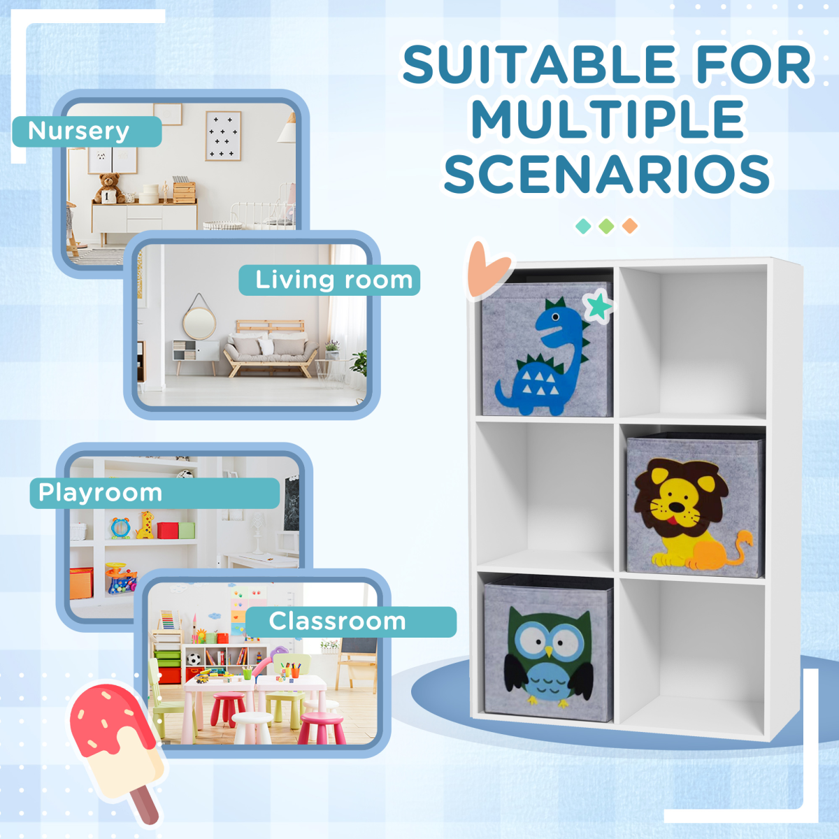 ZONEKIZ Toy Organiser with 6 Storage Cubes & 3 Non-Woven Fabric Drawers – Kids Bedroom Storage Unit, White