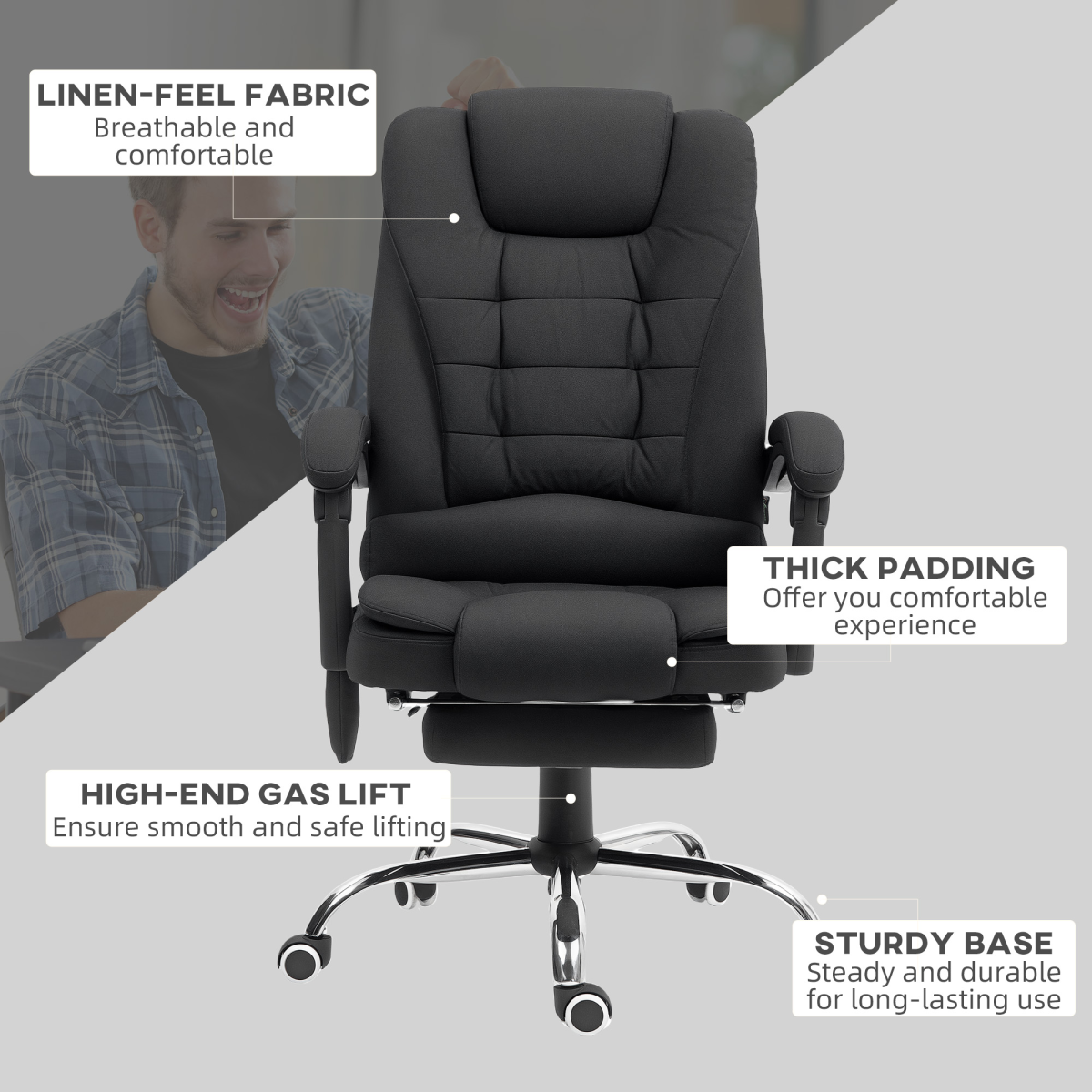 Vinsetto Heated Massage Office Chair with 6-Point Vibration, 135° Recline & Footrest – Black Linen-Feel