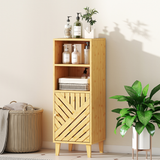 HOMCOM Narrow Bathroom Storage Cabinet with Open Compartments & Bamboo Door – Slim Floor Cabinet, Natural