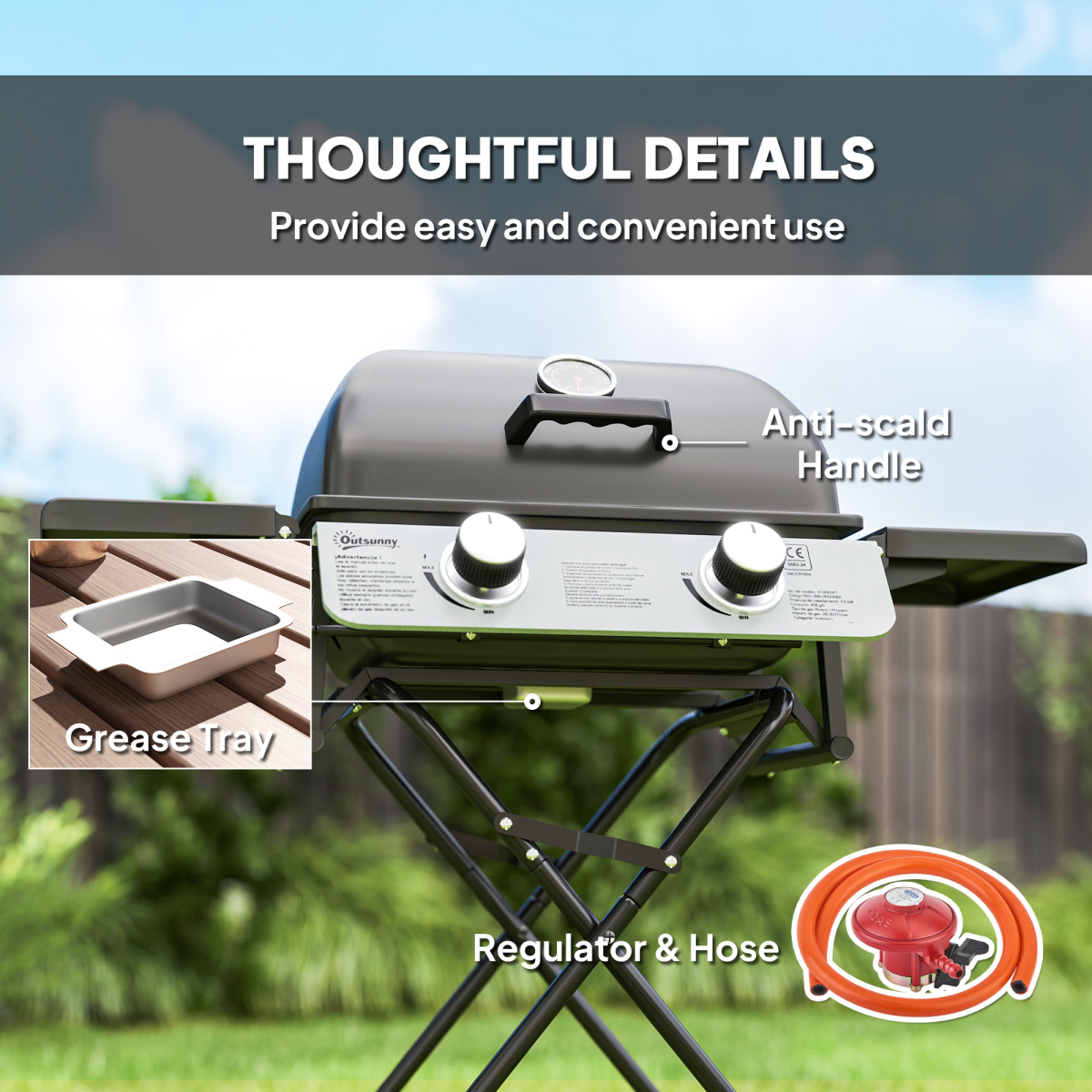 Outsunny Portable Foldable Gas Barbecue Grill with Lid and Thermometer, Two Burners – Suitcase BBQ, Black