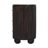 Artisan Furniture Solid Mango Wood Curved Fluted Bedside Table with 3 Drawers and Brass Knobs – Dark Brown