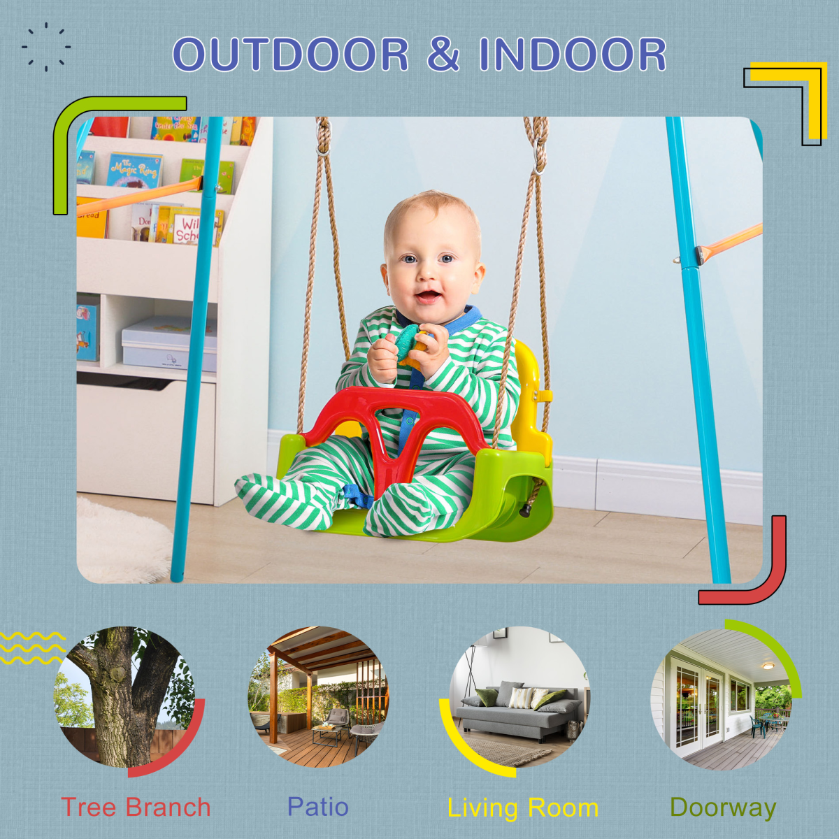 Outsunny 3-in-1 Adjustable Baby Swing with T-Bar & Safety Belt – Indoor & Outdoor Toddler Seat, 9–36 Months