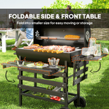 Outsunny Charcoal BBQ Grill with Warming Rack, Thermometer and Foldable Side Tables on Wheels – Garden Barbecue, Black