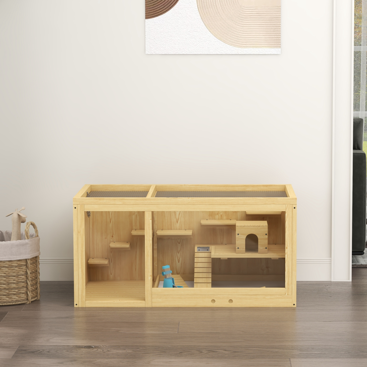 PawHut Wooden Hamster Cage with Water Bottle, Platforms, Seesaw & Openable Roof – Dwarf Hamster Habitat