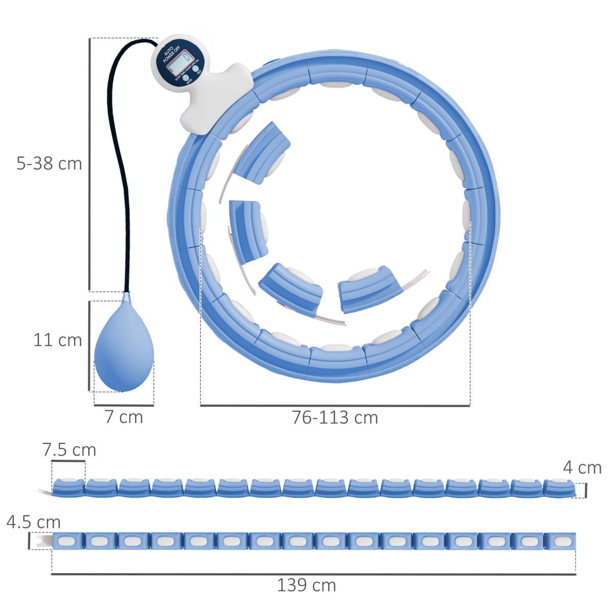 Weighted Hula Hoop with 400g Gravity Ball & Digital Counter – Adjustable Non-Drop Fitness Hoop, Light Blue