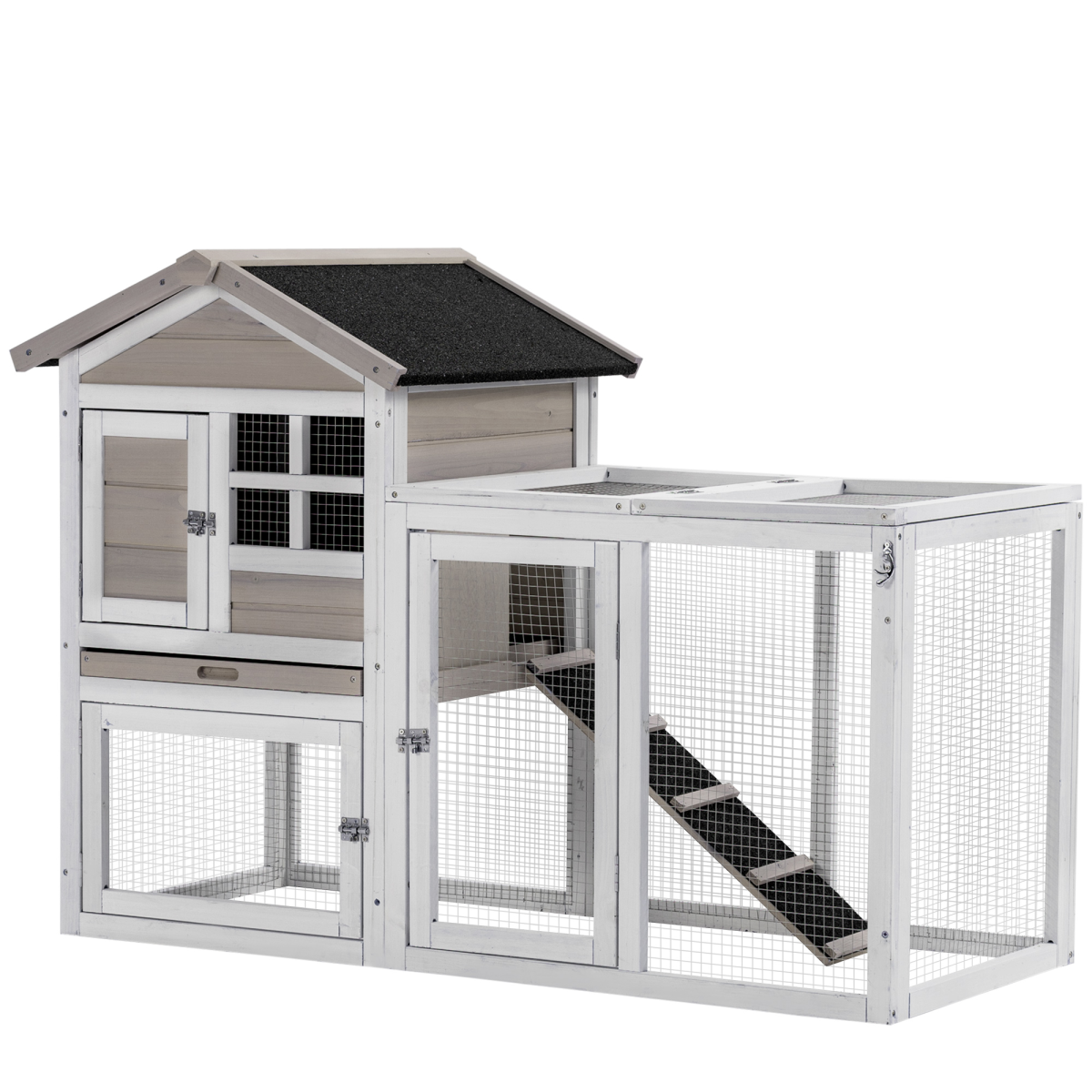 PawHut 2-in-1 Wooden Rabbit Hutch with Double House, Run Box, Slide-Out Tray & Ramp – Outdoor Home