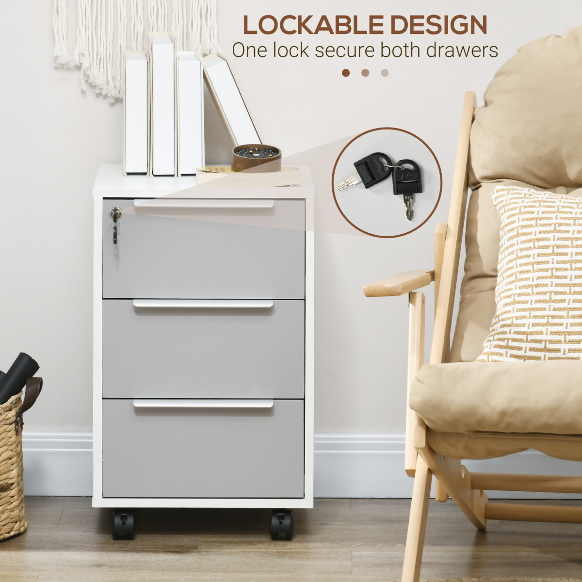 HOMCOM 3-Drawer Mobile File Cabinet with Central Lock and Swivel Casters – Home Office Storage Chest