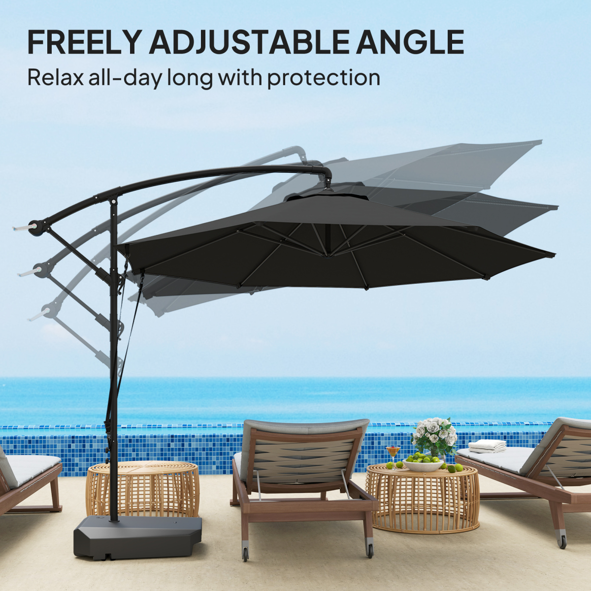 Outsunny 360° Rotating Patio Parasol with UV50+ Canopy, Wind Straps & Wheeled Weighted Base – Dark Grey