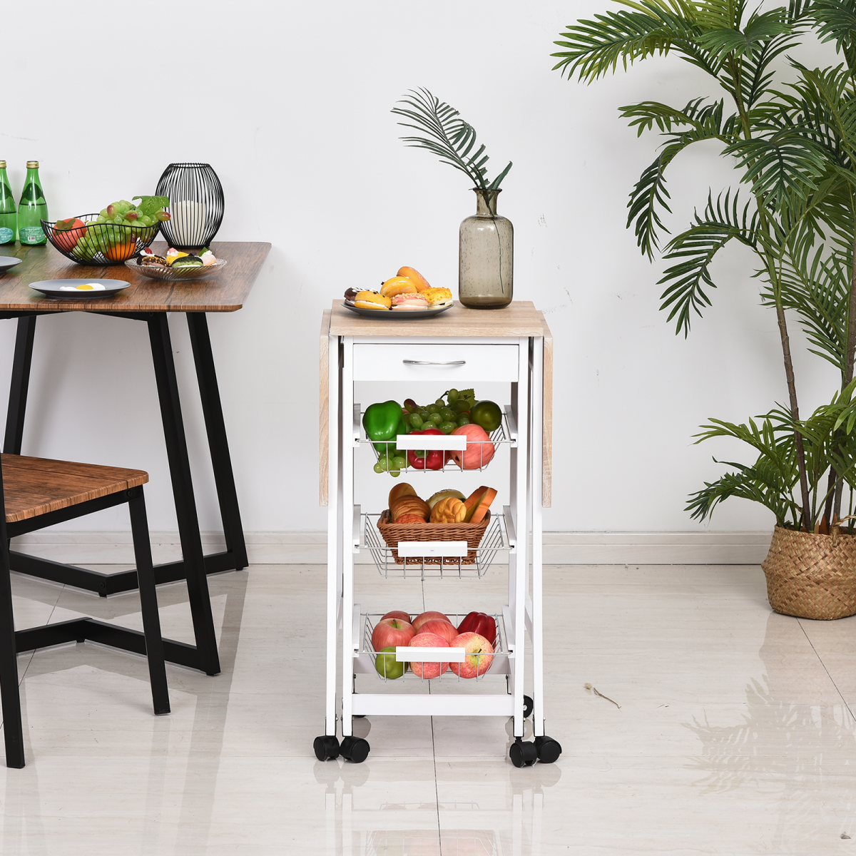 HOMCOM Extendable Drop Leaf Kitchen Island Trolley with Storage Shelves & Cabinet – White