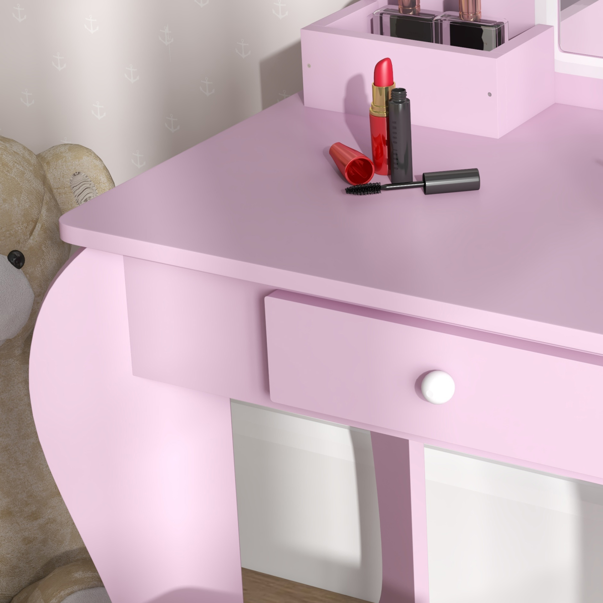 ZONEKIZ Kids Dressing Table with Cloud Design, Mirror, Stool, Drawer and Storage Boxes – Pink