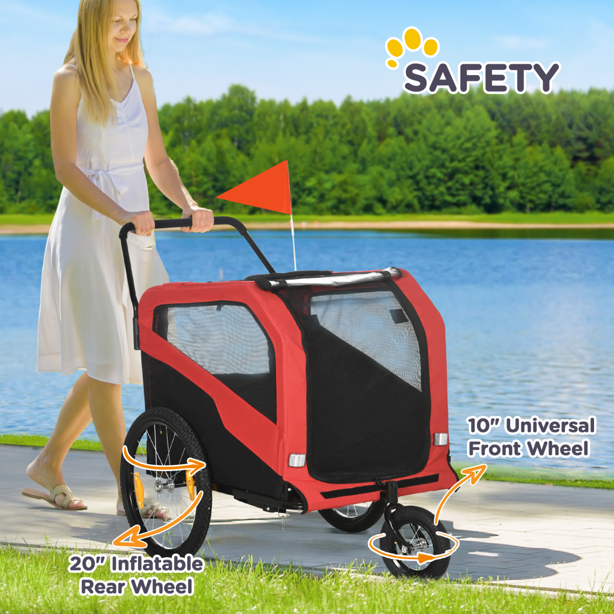 PawHut 2-in-1 Dog Bike Trailer & Pet Stroller for Large Dogs with Hitch, Mesh Windows & Sunroof – Red