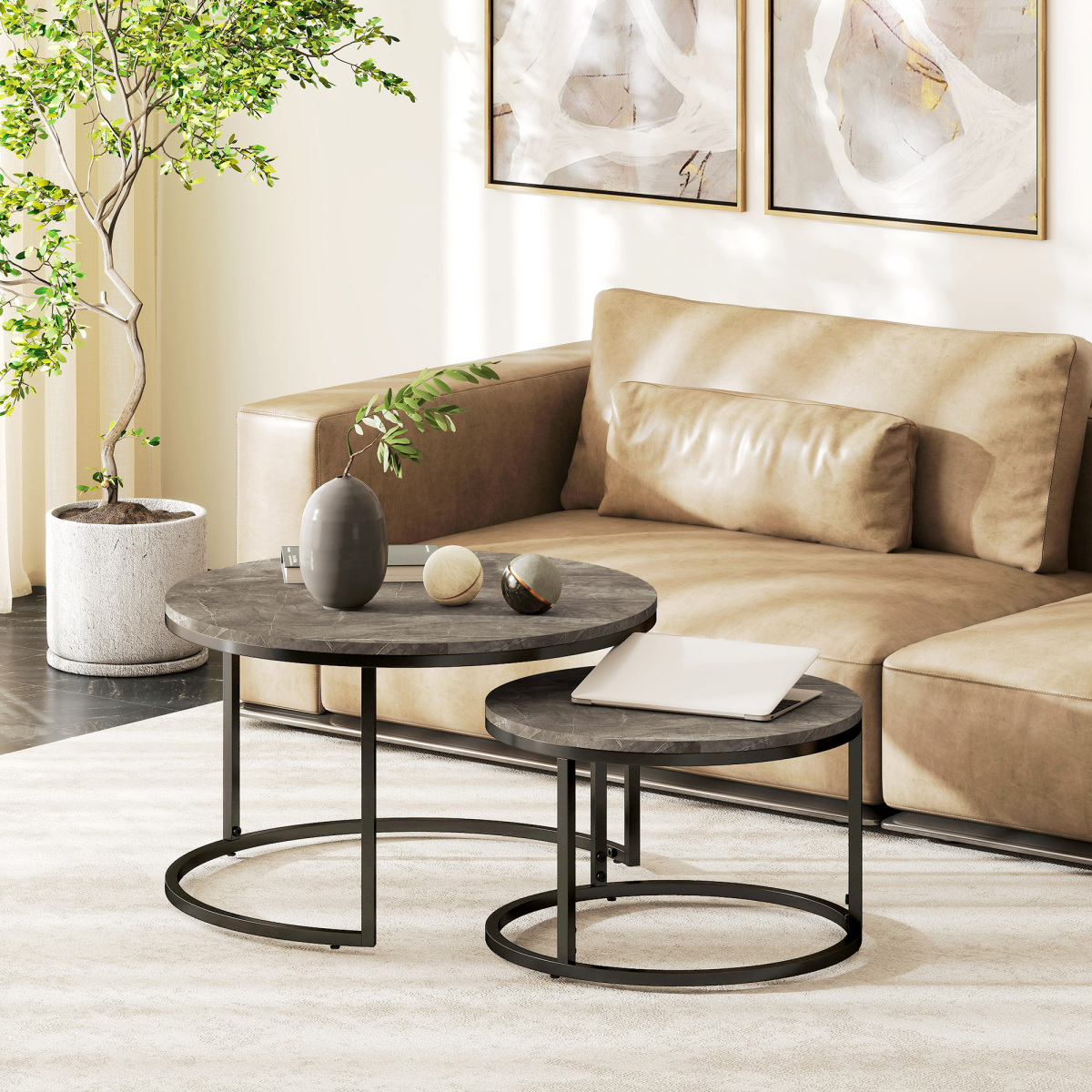 HOMCOM Set of 2 Stacking Coffee Tables with Steel Frame & Marble-Effect Round Tops – Nest of Tables