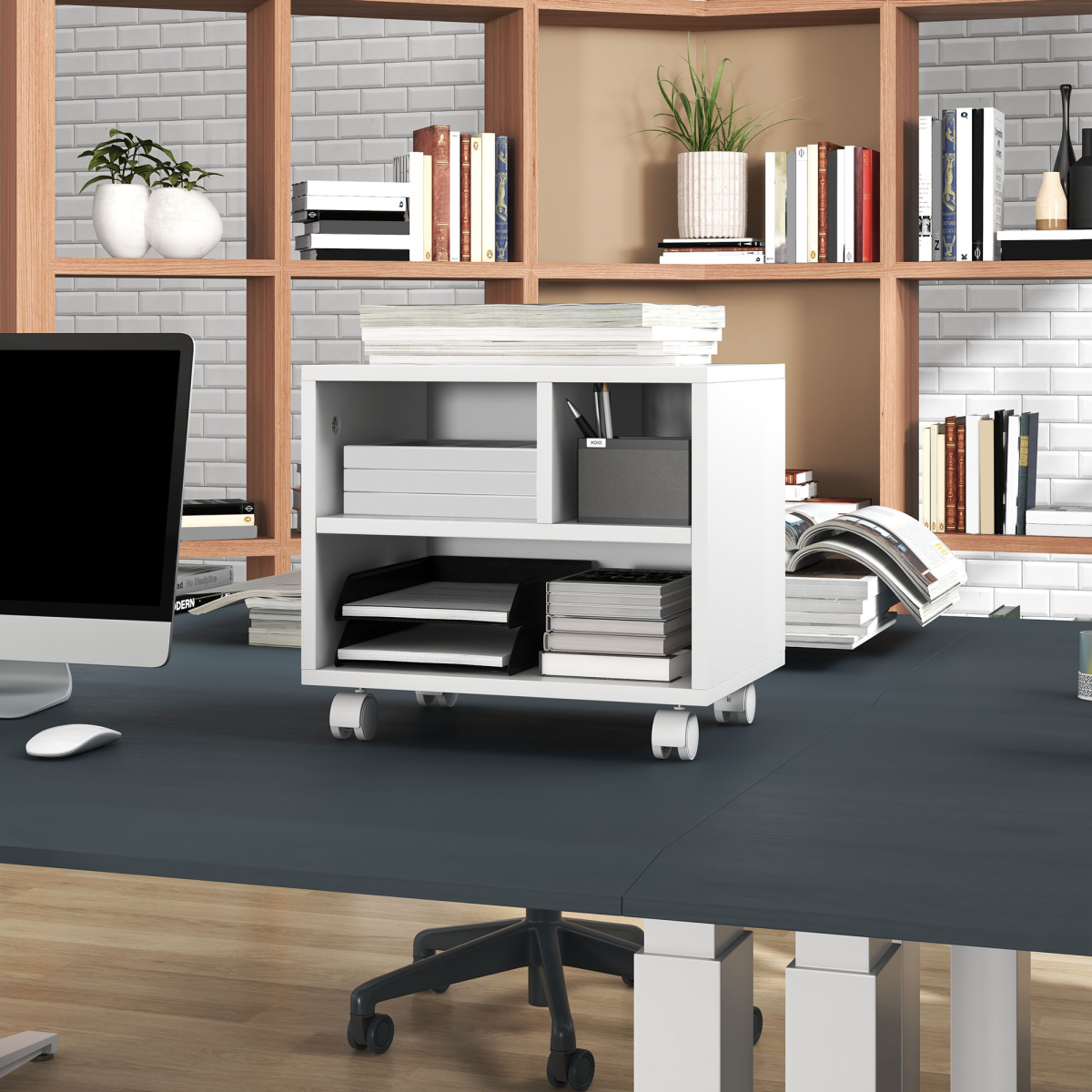 HOMCOM Printer Stand with 3 Compartments and Lockable Wheels – Home Office Storage Cart, 40kg Capacity, White