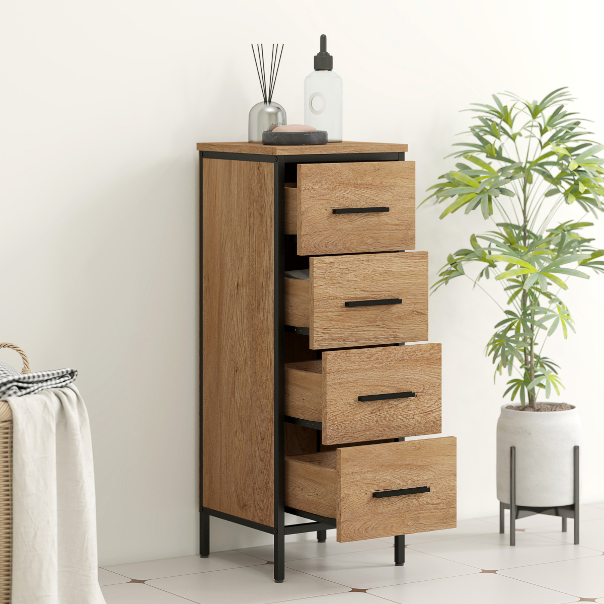 HOMCOM Narrow Bathroom Storage Cabinet with 4 Drawers – Industrial Style Space-Saving Unit, Oak