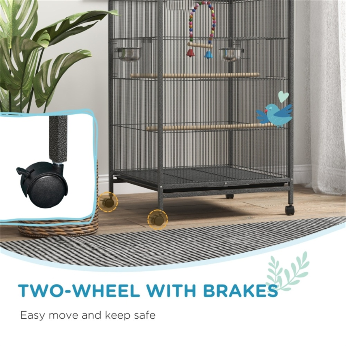 Rolling Bird Cage with Stand – Budgie, Canary and Finch Cage with Swing, Perches, Bowls and Storage Shelf, Grey