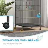 Rolling Bird Cage with Stand – Budgie, Canary and Finch Cage with Swing, Perches, Bowls and Storage Shelf, Grey