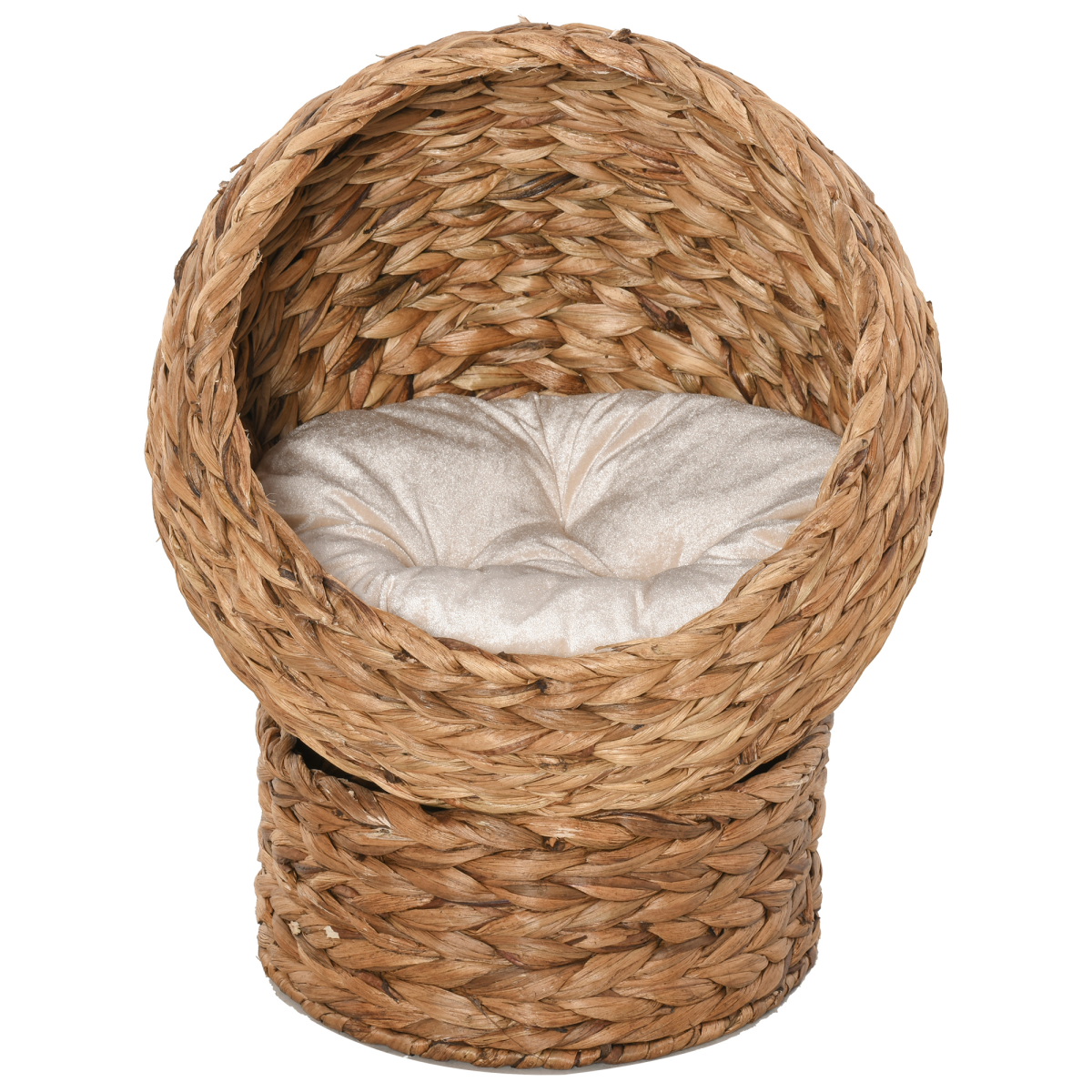 PawHut Elevated Hooded Rattan Cat House with Cushion, Water Hyacinth – Cat Basket Bed, Brown