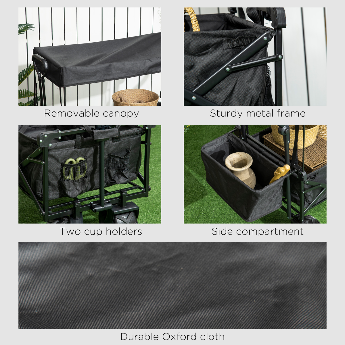 Outsunny Folding Trolley Cart with 4 Wheels, 2 Compartments and Canopy – Garden Storage Wagon, Black