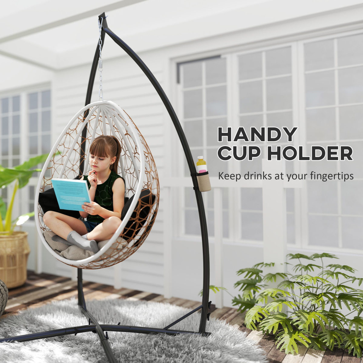 Outsunny Hammock Chair Stand, Steel Frame with Cup Holder – Heavy-Duty Garden Stand Only, Black