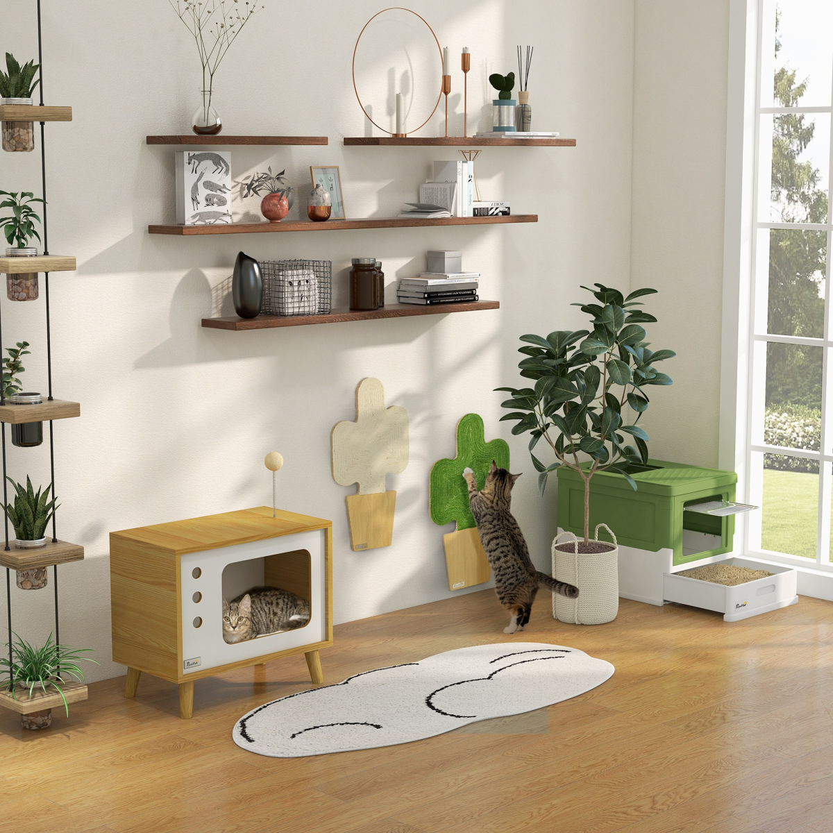 PawHut Hooded Cat Litter Box with Scoop and Tray – Enclosed Pet Toilet with Front and Top Entry, Lime Green