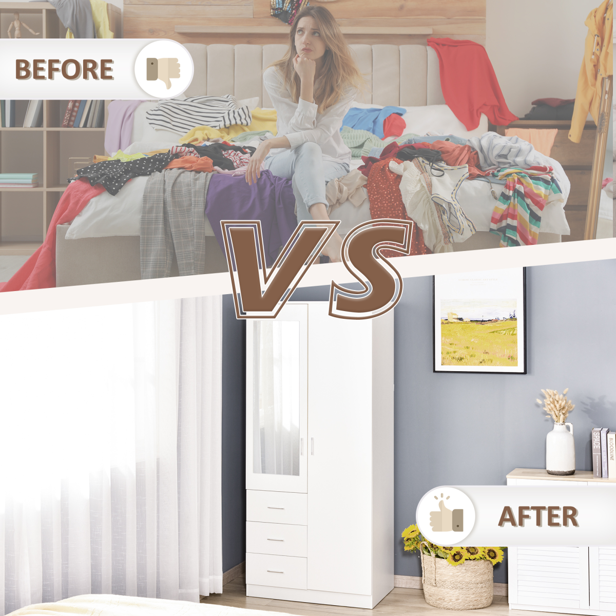 2-Door Wardrobe with Hanging Rail, 3 Shelves & 3 Drawers – 180cm Bedroom Storage, White