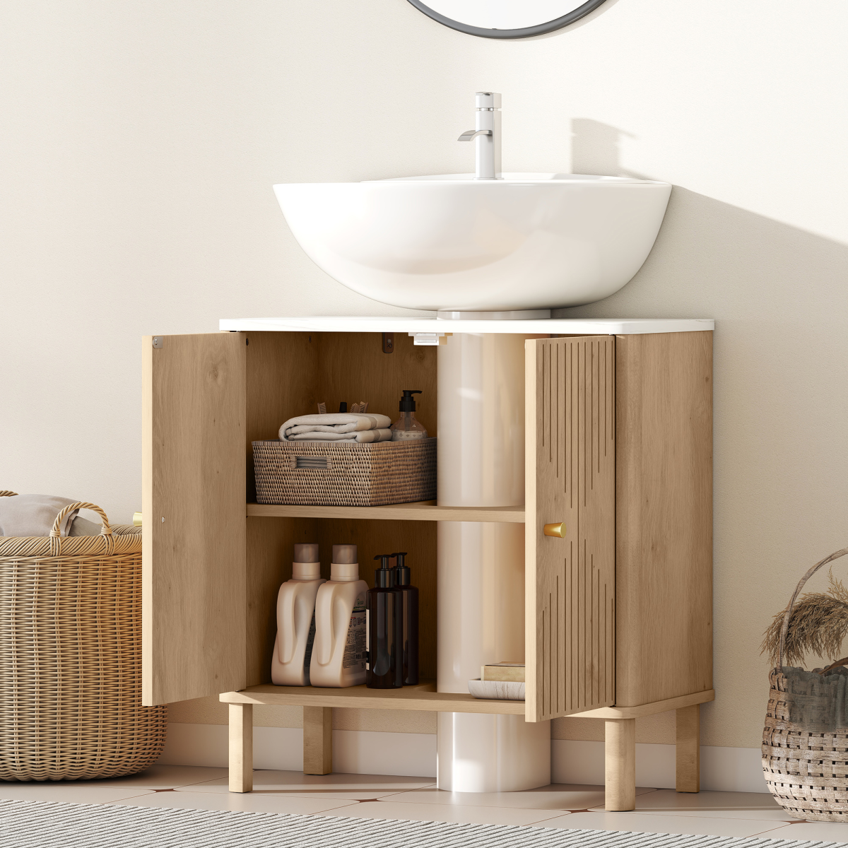 HOMCOM Under Sink Bathroom Cabinet with U-Shaped Cut-Out, Fluted Doors and Gold-Tone Handles – Oak