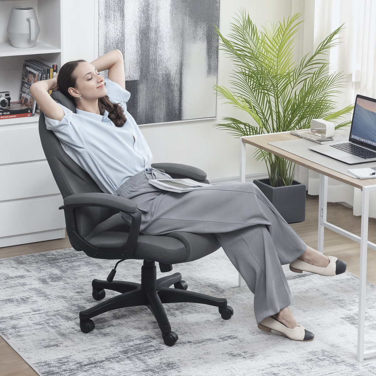 High Back Faux Leather Executive Office Chair with Tilt and Padded Armrests – Charcoal Grey
