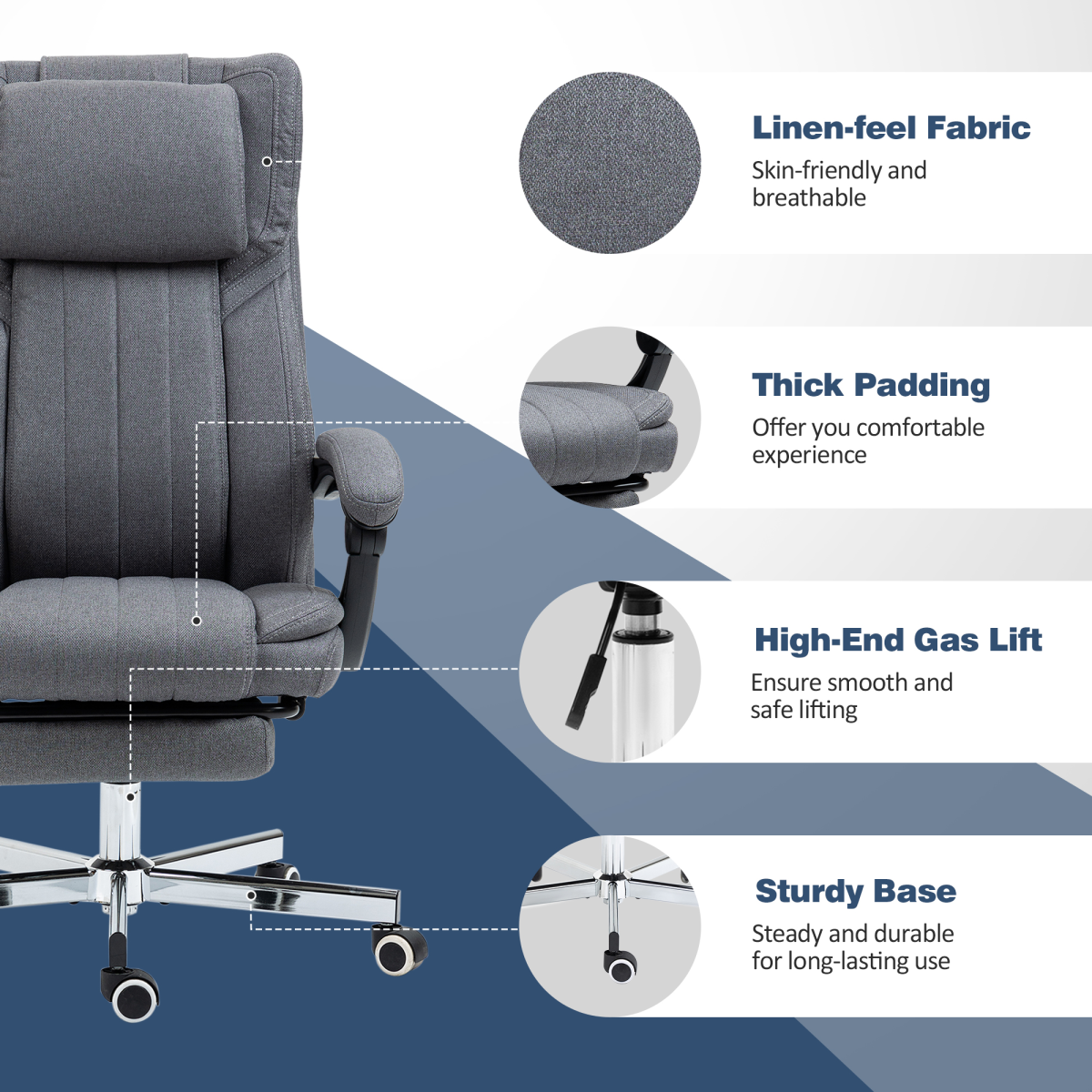 HOMCOM Executive Reclining Office Chair with Headrest & Retractable Footrest – Dark Grey Linen-Look