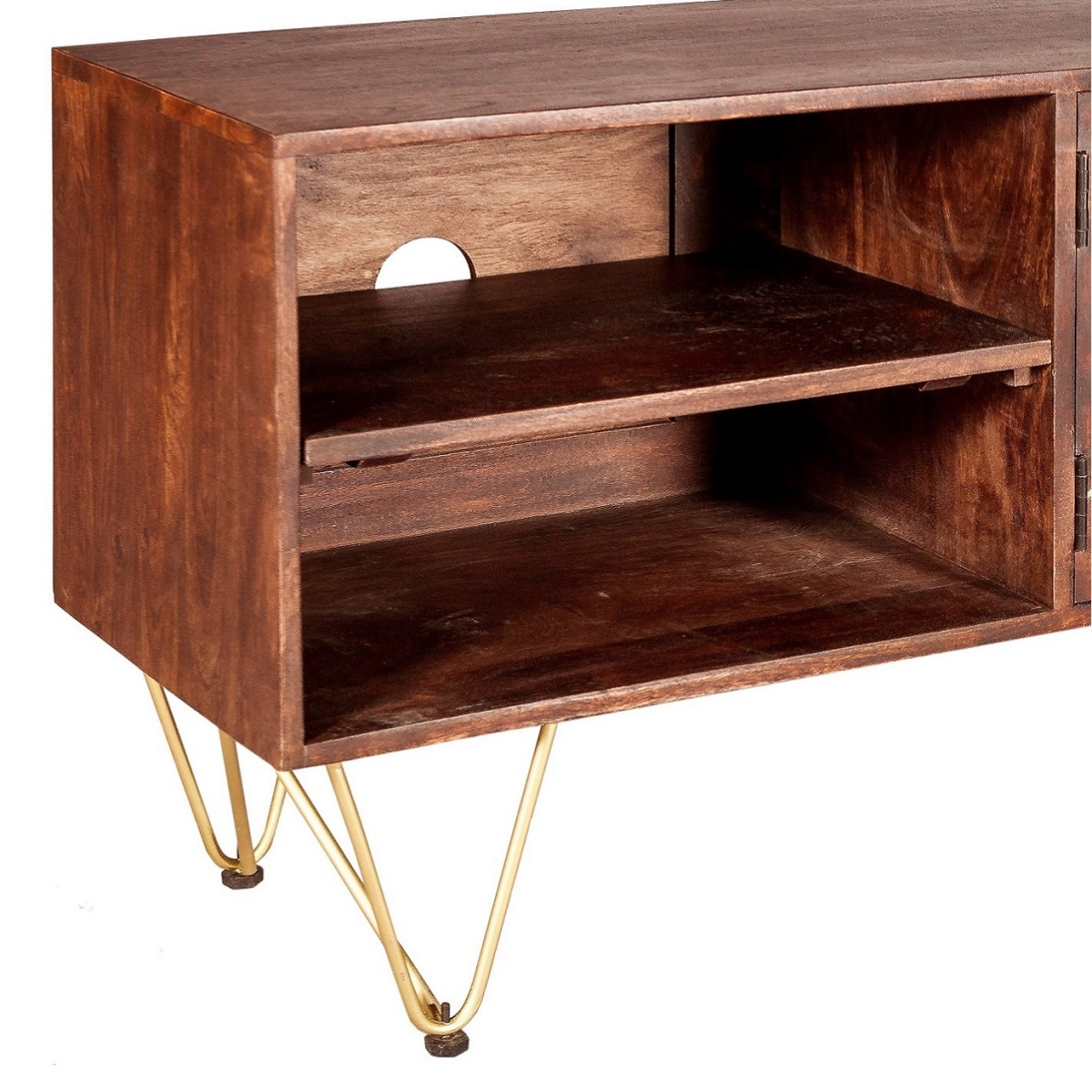 Dark Gold Plasma Media TV Unit in Solid Wood with Abstract Metal Inlay – Storage for Large Flat-Screen TVs