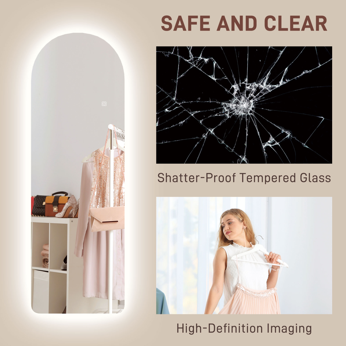 HOMCOM Arched LED Full Length Wall Mirror 120 x 40cm with Dimmable 3-Colour Lighting – Touch Control