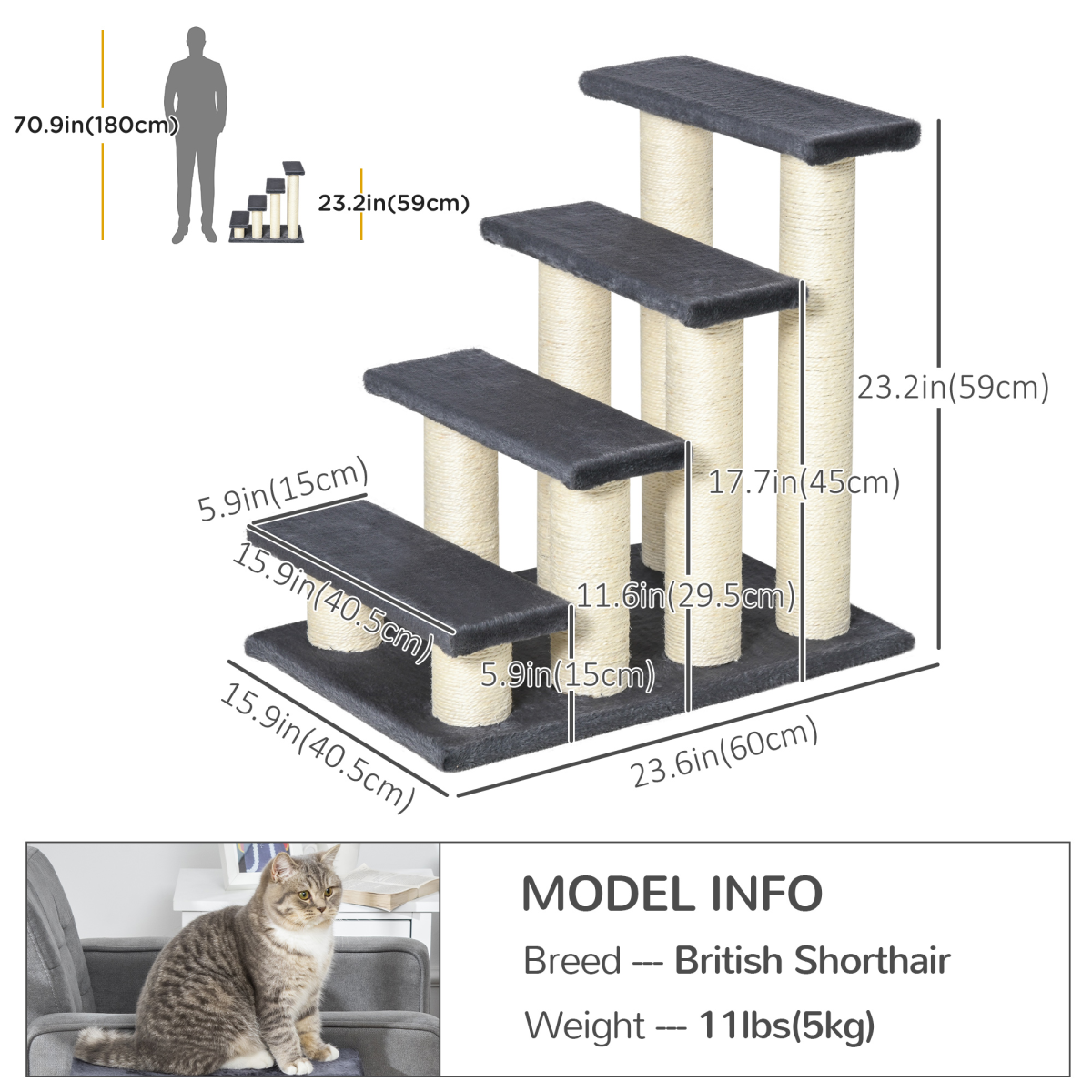 Plush Cat Tree with Sisal Scratching Posts and Multi-Level Platforms, Grey – Cat and Small Pet Climbing Steps