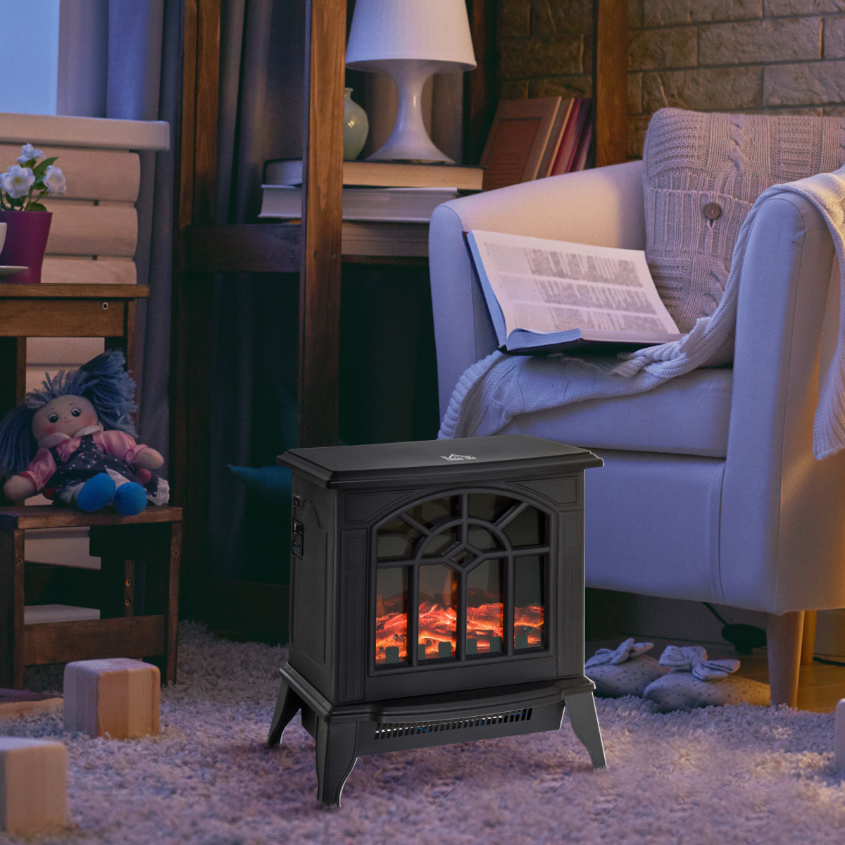 HOMCOM Electric Heater, 1000W/2000W with LED Charcoal Flame Effect & Thermostat – Cast Metal, Black