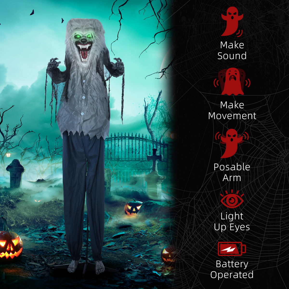 HOMCOM Halloween Animatronic Skeleton Werewolf Prop with Pop-Up Head & Light-Up Eyes – Indoor Outdoor Decor