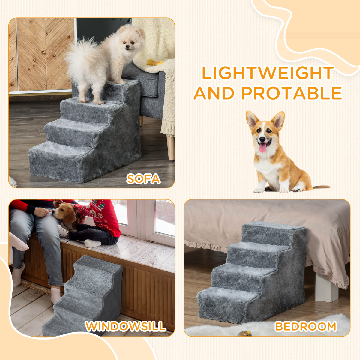 Four-Level Pet Stairs with Soft Flannel Cover – Sturdy Steps for Cats and Small Pets, Light Grey