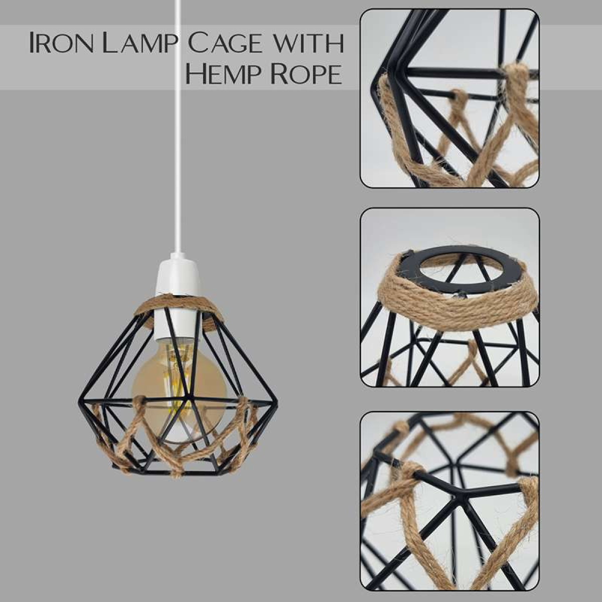 LEDSone Vintage Diamond Hemp Rope Lampshade with Reducer Ring – Metal Cage Pendant Light Shade, Black