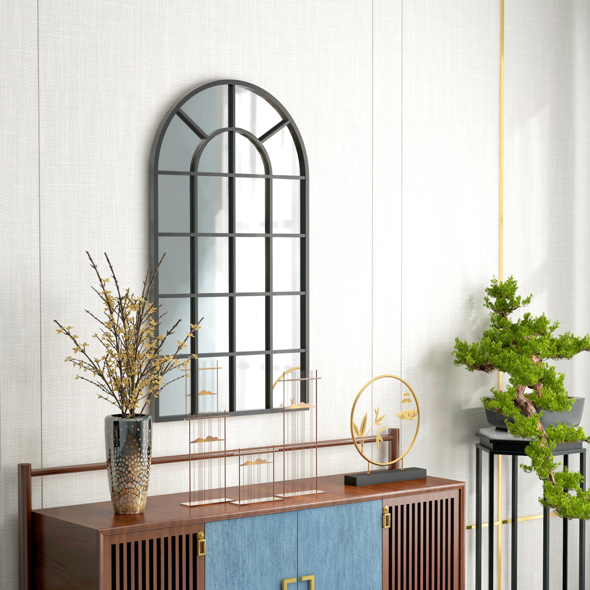 HOMCOM Modern Arched Window Wall Mirror, 110 x 62cm – Large Window-Pane Mirror, Black