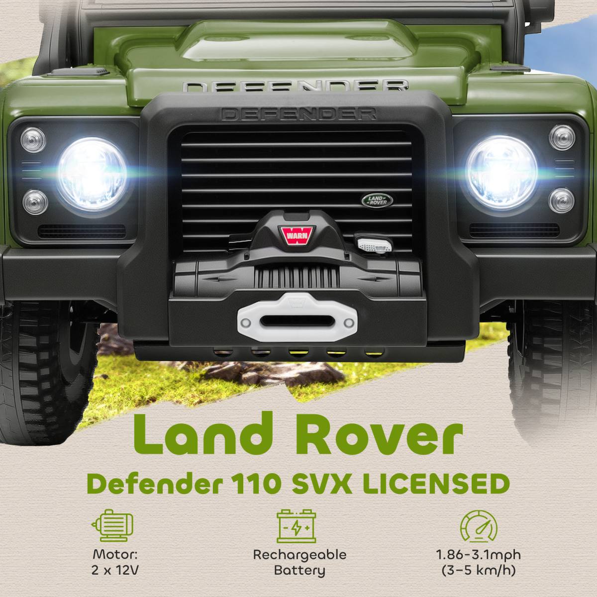 Land Rover Defender 110 SVX 12V Electric Ride-On Truck with 2.4G Remote, MP3 & LED Lights – Kids, Green