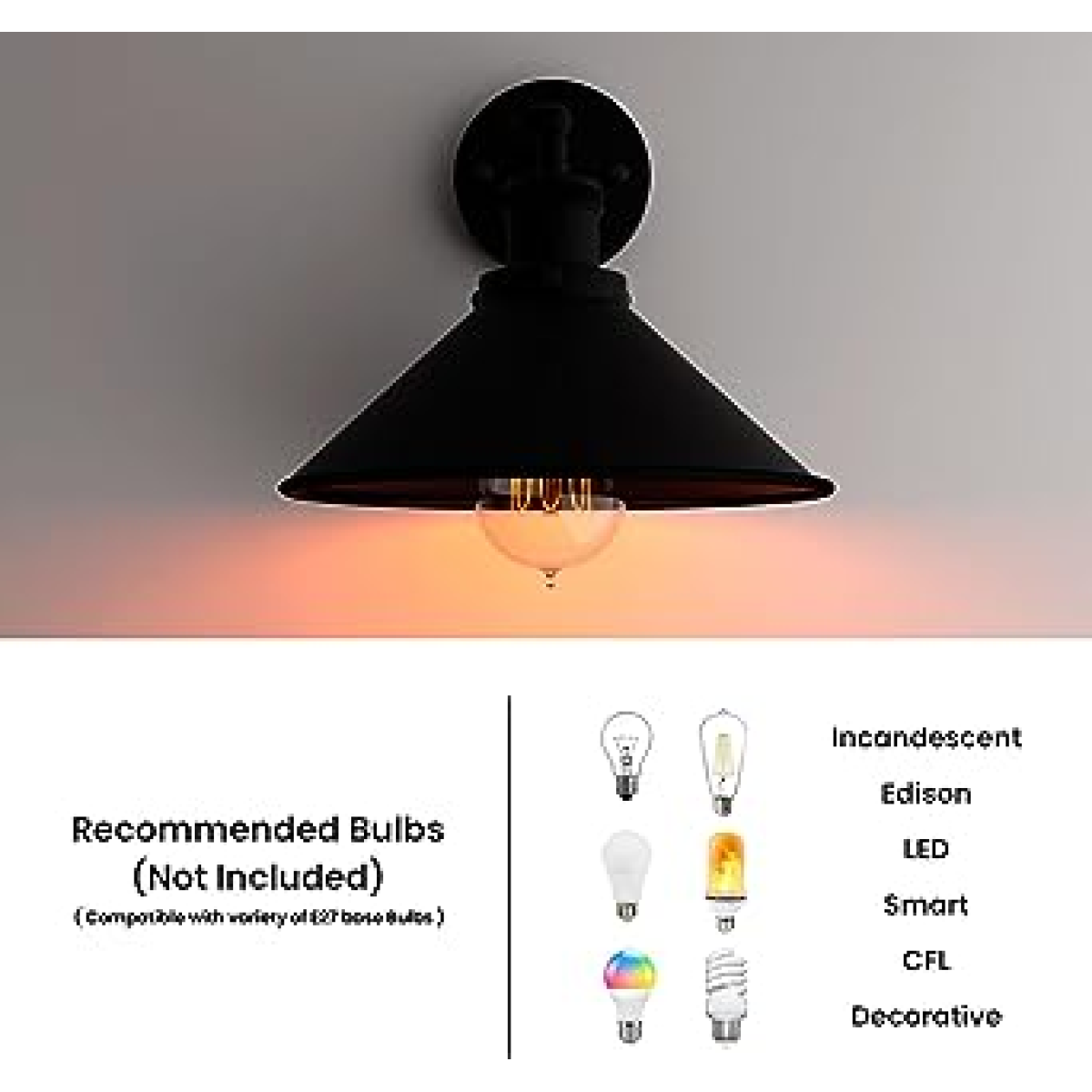 LEDSone Vintage Wall Sconce with Black Cone Metal Shade – E27 Retro Wall Light for Home, Restaurants & Cafés