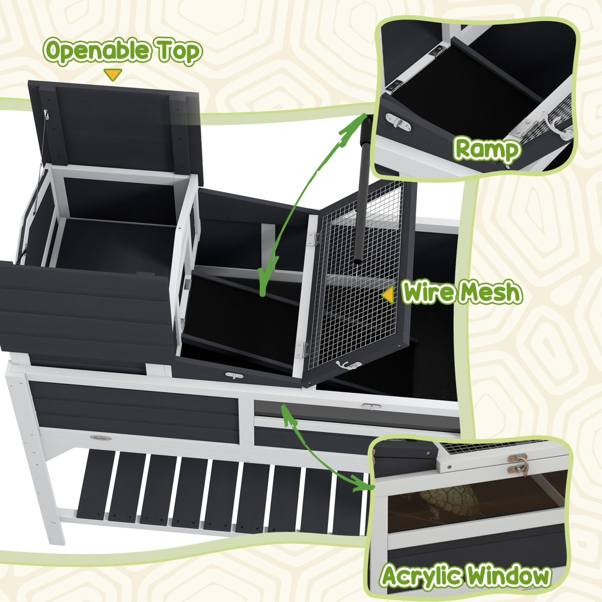 PawHut Two-Level Tortoise House with Adjustable Lamp Holder, Openable Lid and Storage Shelf, Grey