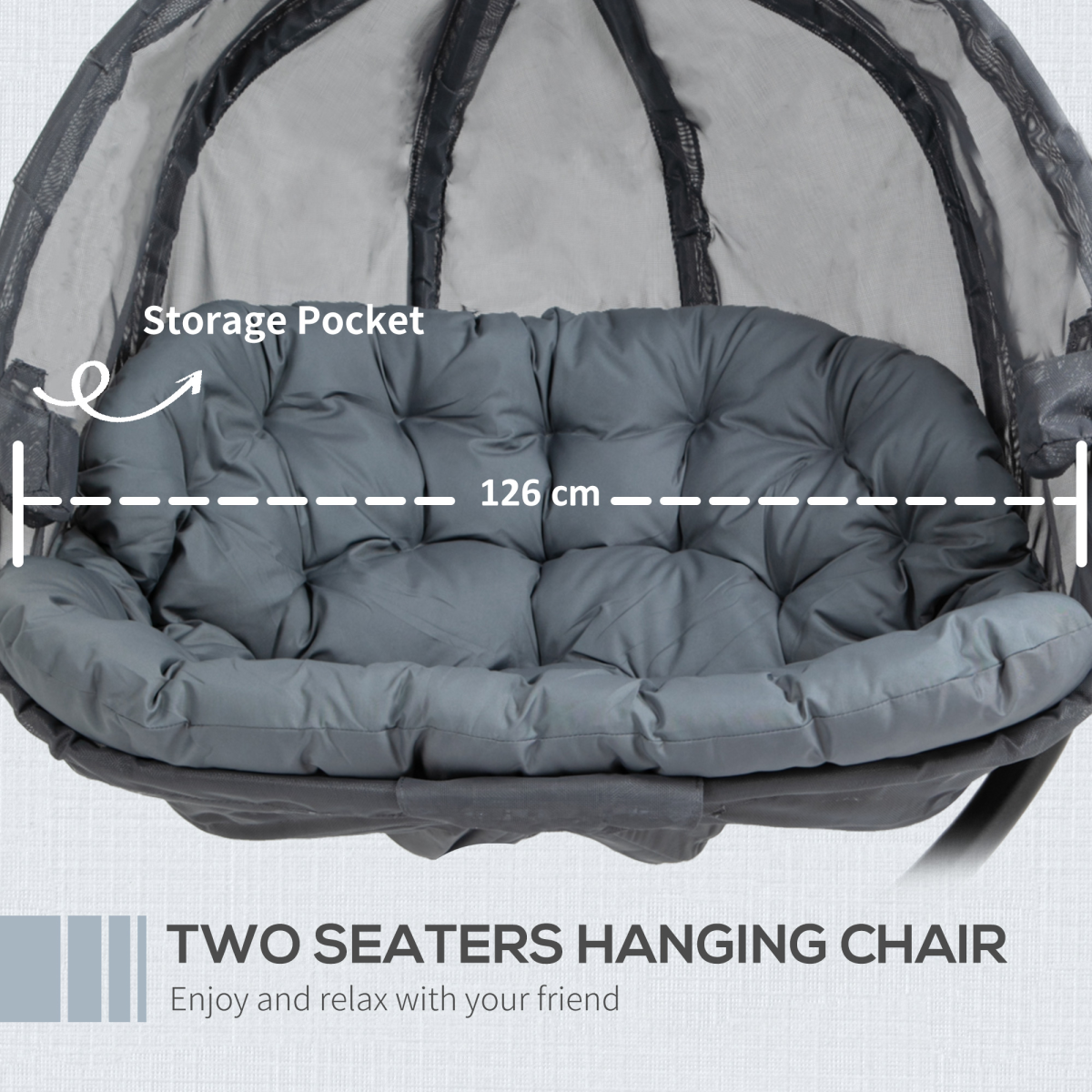 Outsunny Double Hanging Egg Chair with Stand, 2-Seater Swing Hammock & Cushion – Garden Patio Lounger, Grey