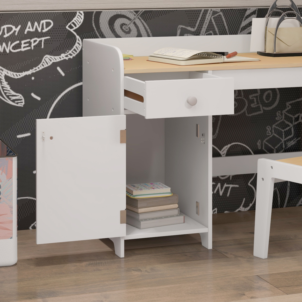 ZONEKIZ Kids Desk and Chair Set for 3–6 Year Olds with Storage Drawer and Compartment – White