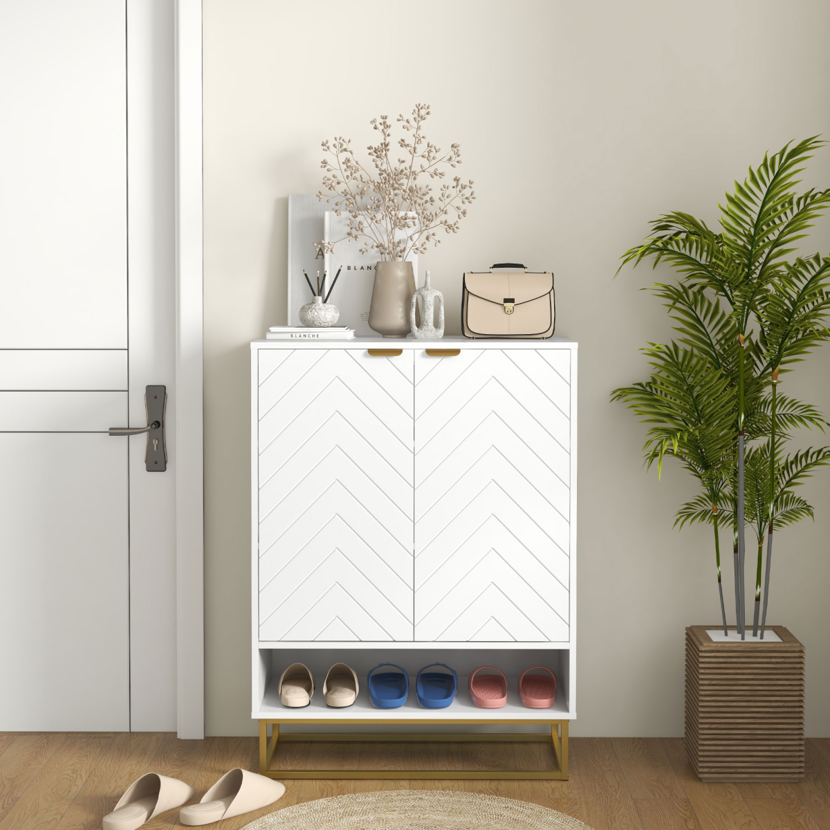 HOMCOM Shoe Cabinet with 2 Chevron Doors & Adjustable Shelf – Hallway Storage for 12 Pairs