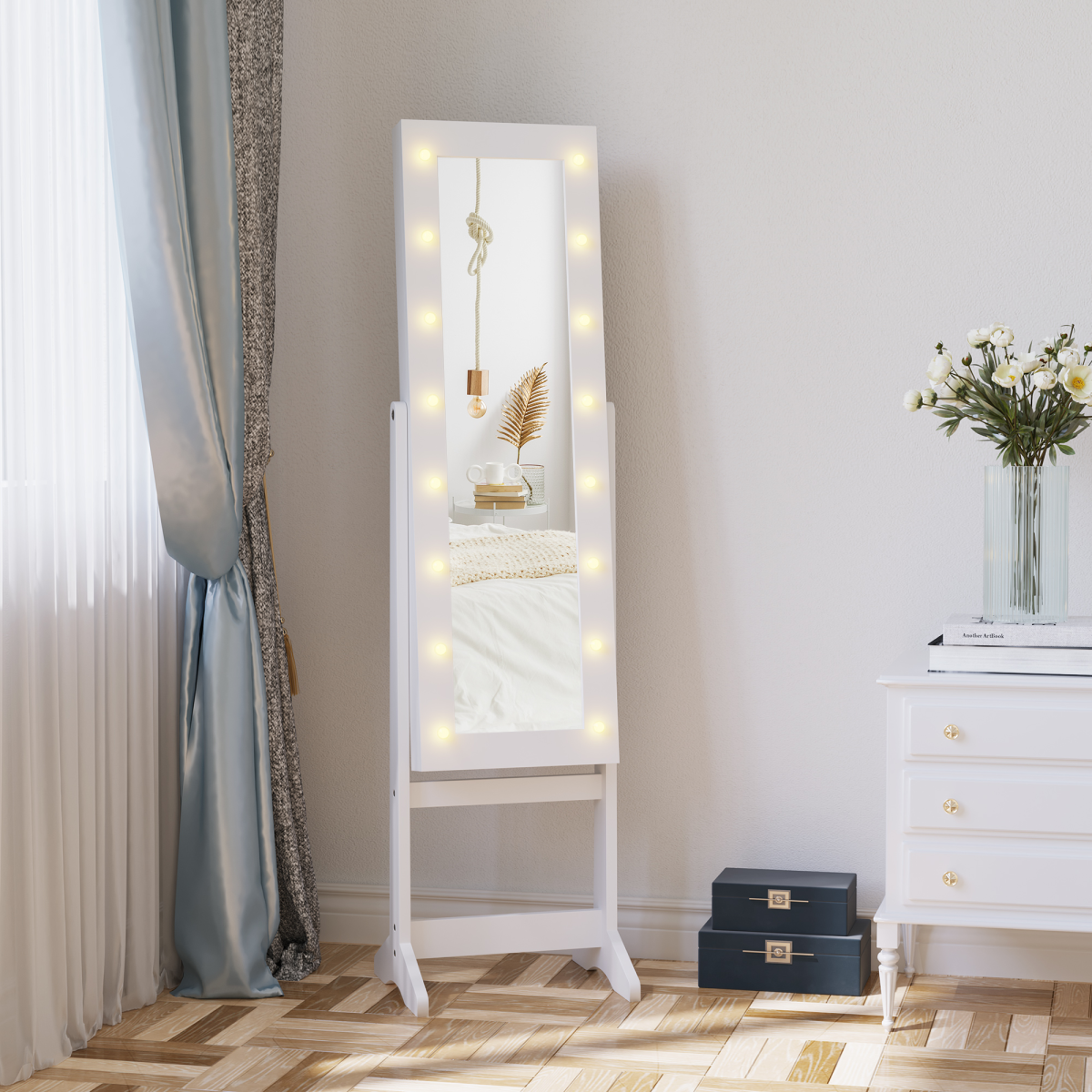 HOMCOM LED Mirrored Jewellery Cabinet with Full-Length Mirror, 36 x 30 x 136 cm – Storage, White