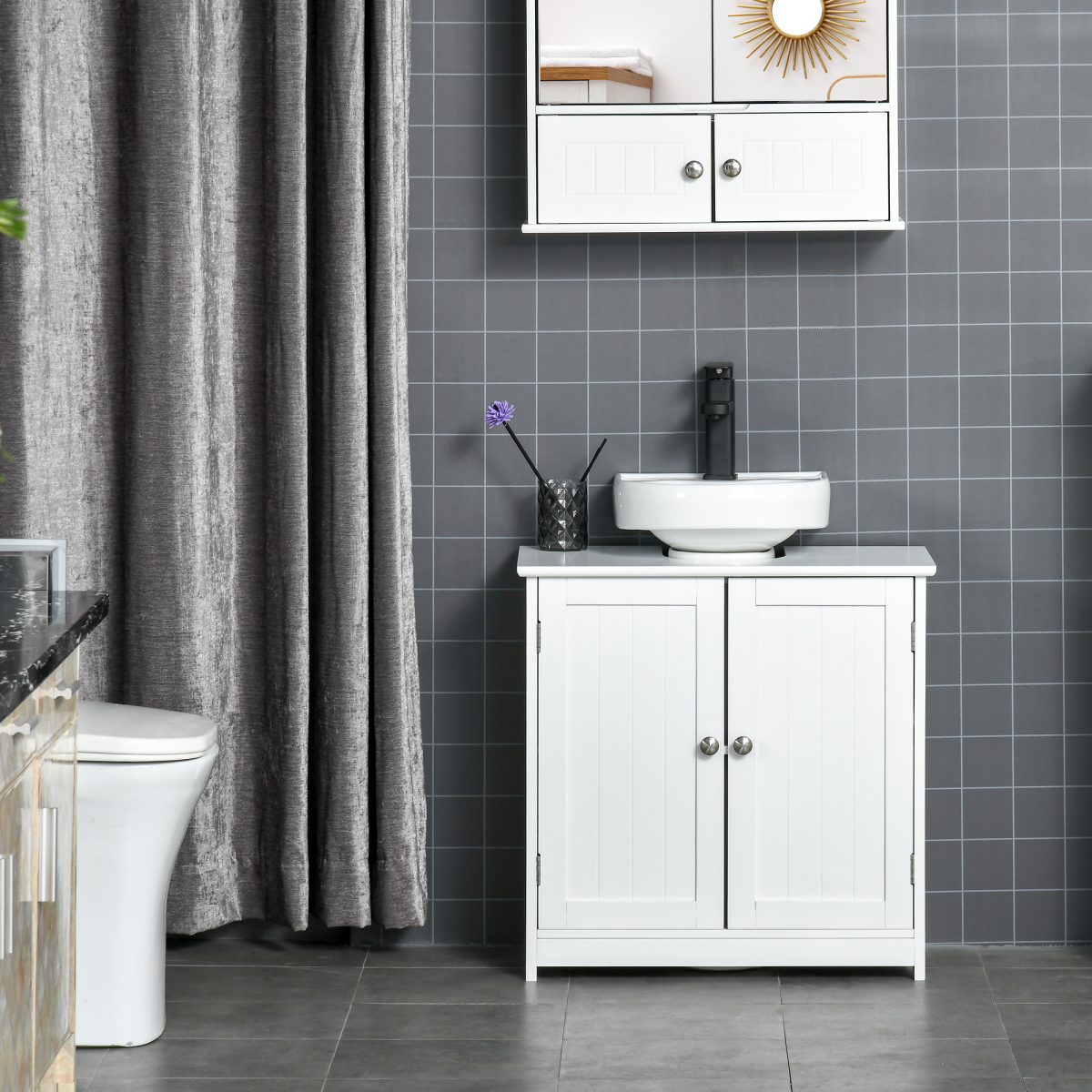 kleankin Under-Sink Storage Cabinet with Adjustable Shelf and Pipe Cut-Out – Bathroom Organiser, White