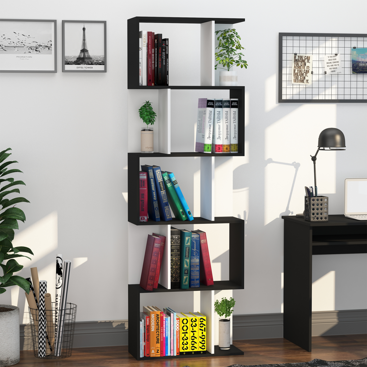 S-Shaped 5-Tier Bookcase – Modern Open-Back Shelf and Room Divider with Anti-Fall Hardware, White