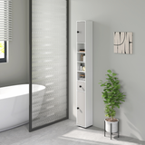 Tall Slim Bathroom Cabinet with 2 Cupboards, Drawer & 4 Open Shelves – Narrow Storage Unit, Light Grey