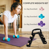 Dumbbell Set with Storage Rack, 18kg Total (2 x 1kg, 2 x 3kg, 2 x 5kg) – Home Gym Hand Weights, Pink, Blue & Purple