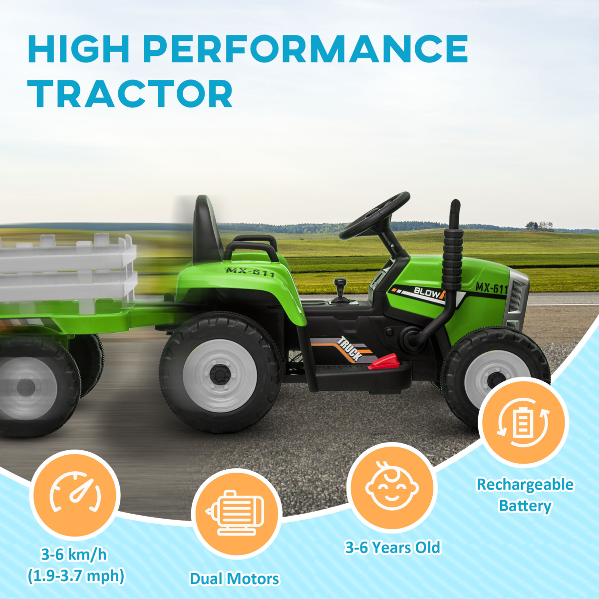 HOMCOM Ride-On Tractor with Detachable Trailer, Remote Control & Music – Kids Electric Toy, Green