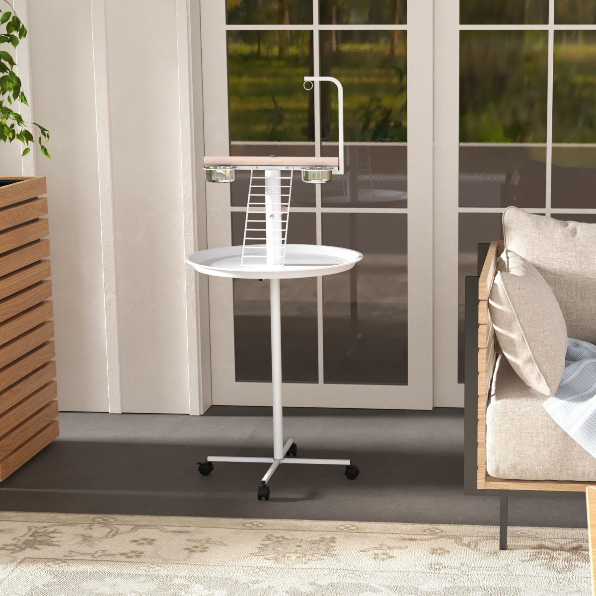 PawHut Bird Table with Four Wheels, Perches and Stainless Steel Bowls – Small Parrot Stand, White