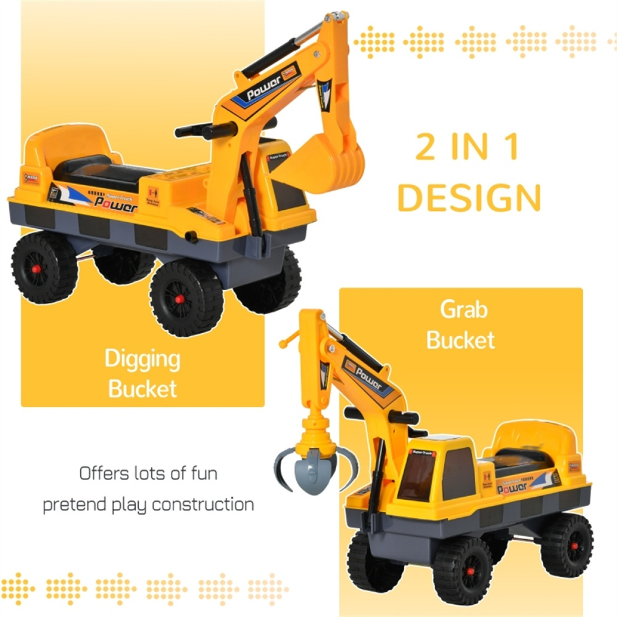 Kids Ride-On Excavator with Lights, Music, Helmet & Under-Seat Storage – 2-in-1 Digger Toy for Ages 2–3, Yellow